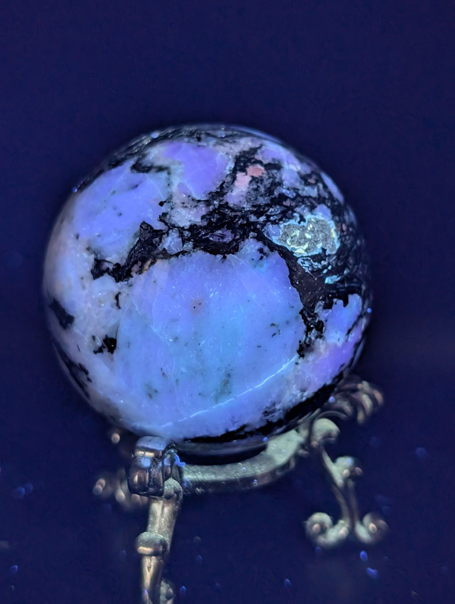 Rainbow Moonstone Sphere with Black Tourmaline (UV Reactive) – Flash Crystal Ball 197g