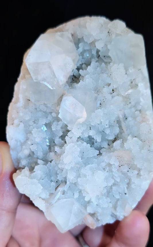 White Apophyllite on Druzy Chalcedony with Stilbite | Indian Zeolite Crystal | 240g