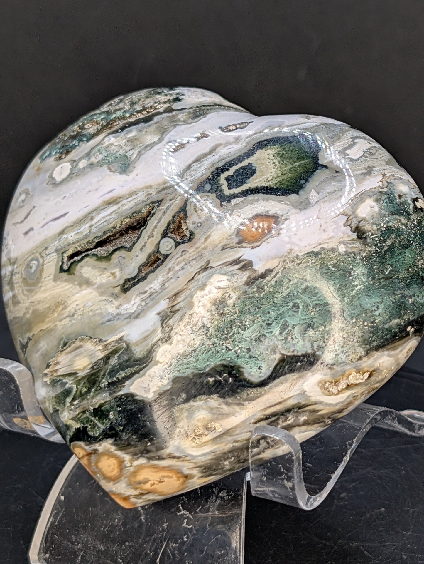Ocean Jasper Heart with Druzy Pocket – Polished Orbicular Jasper from Madagascar – 270g