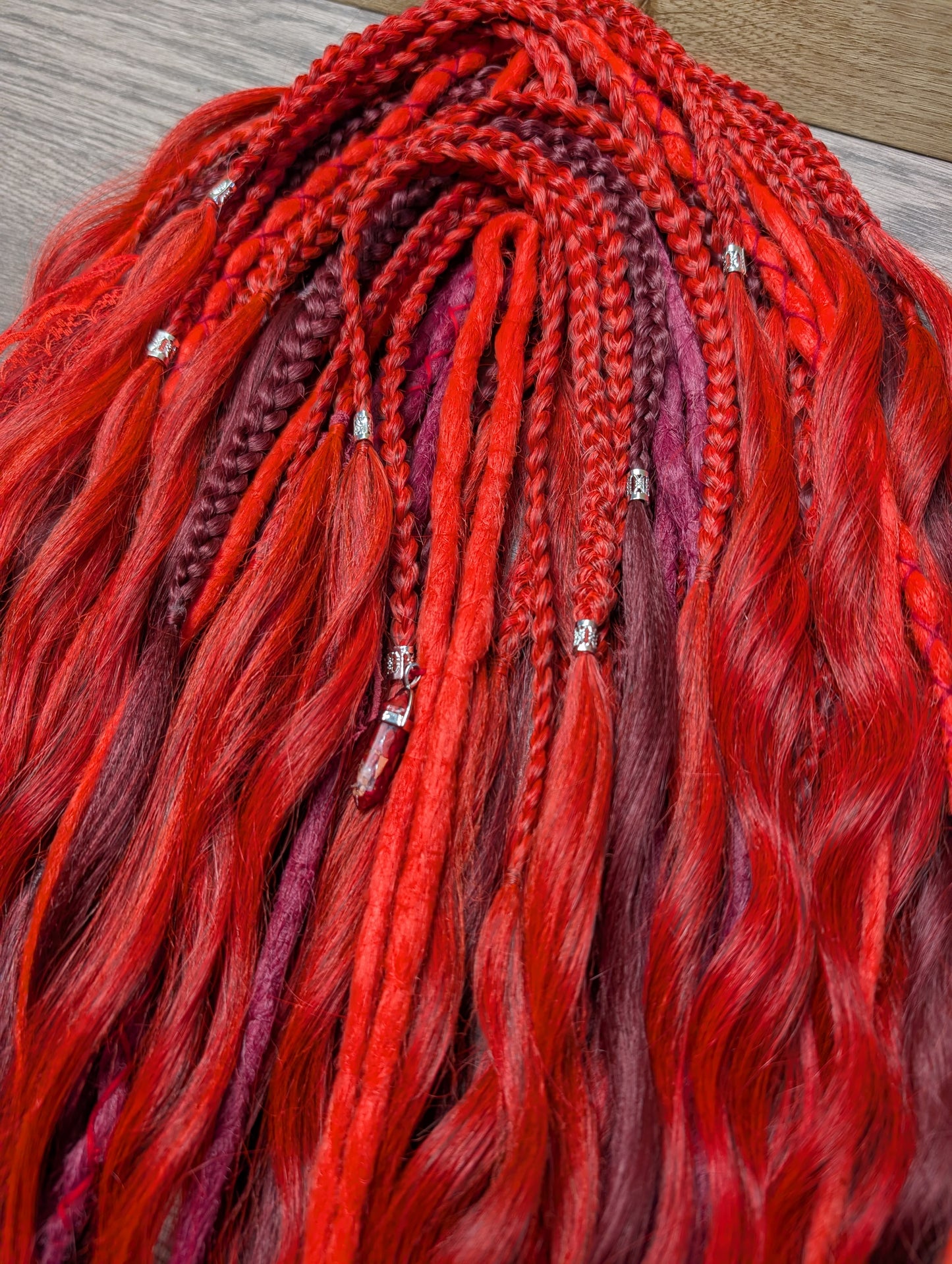 Red & Burgundy Boho Dreadlock Extensions – Mixed Texture DE Dreads