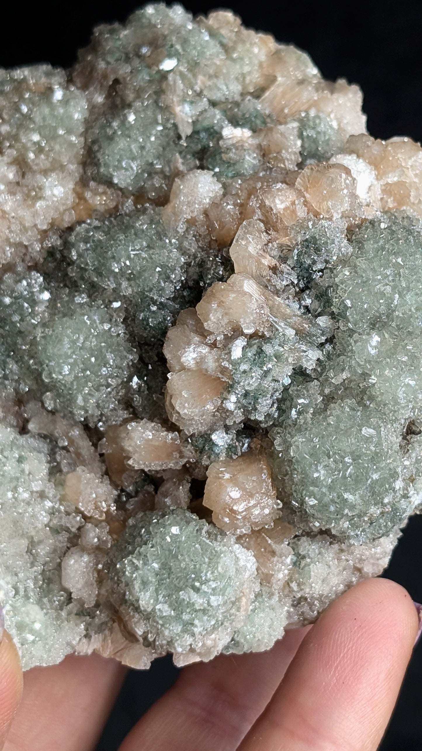 Green Apophyllite, Stilbite & Druzy Quartz Cluster | Natural Indian Zeolite Mineral Specimen | 251g