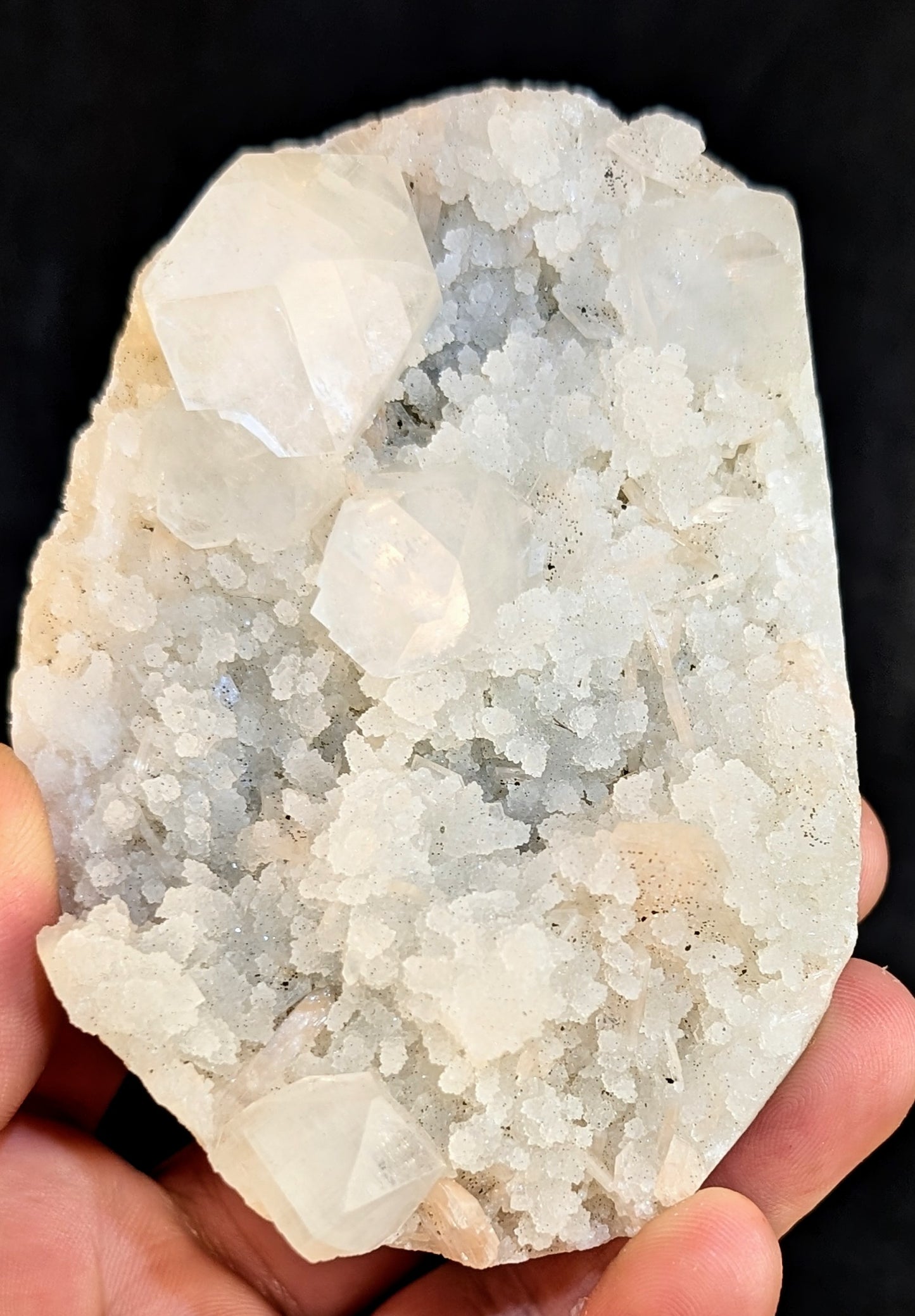 White Apophyllite on Druzy Chalcedony with Stilbite | Indian Zeolite Crystal | 240g