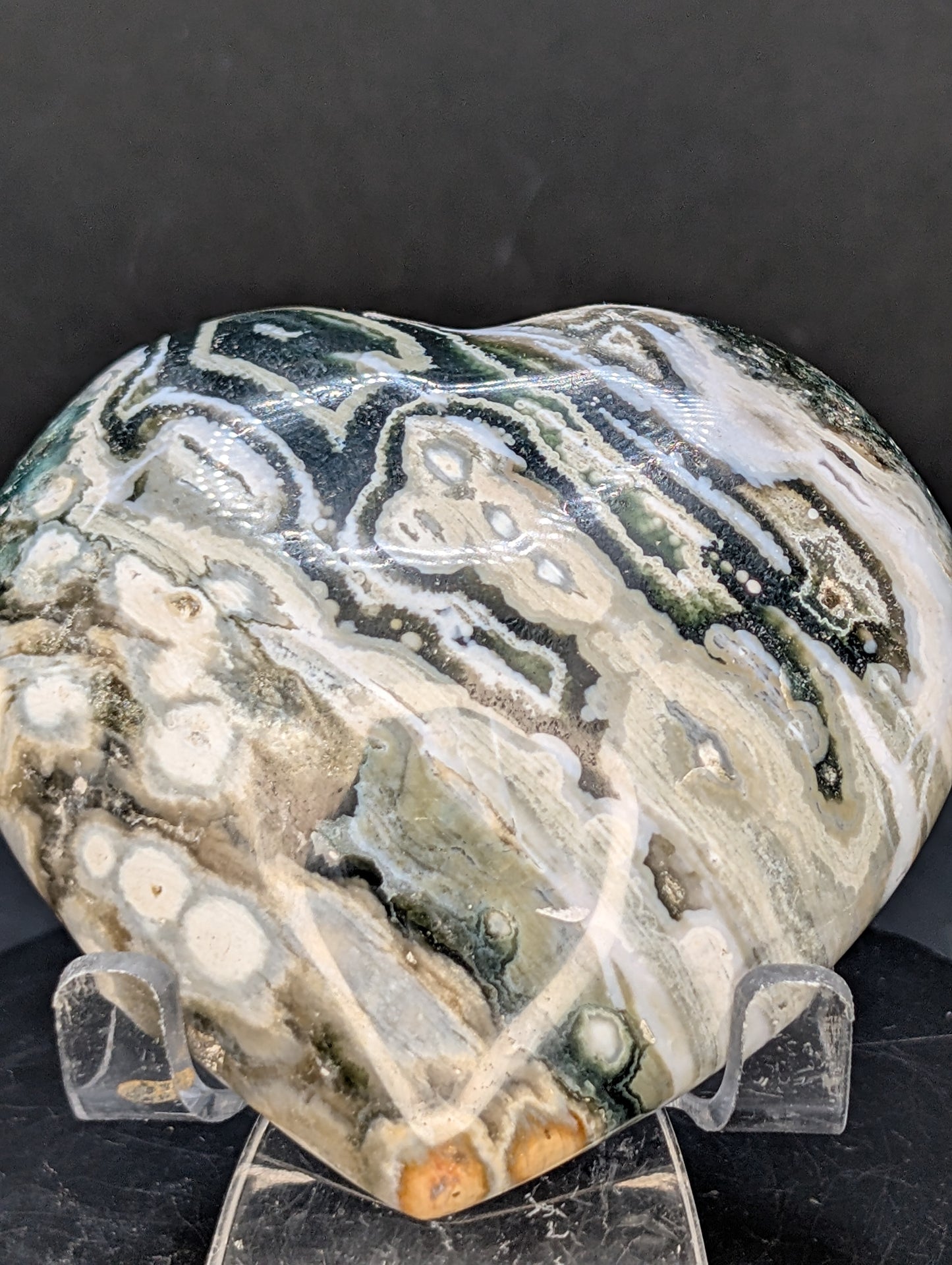 Ocean Jasper Heart with Druzy Pocket – Polished Orbicular Jasper from Madagascar – 270g