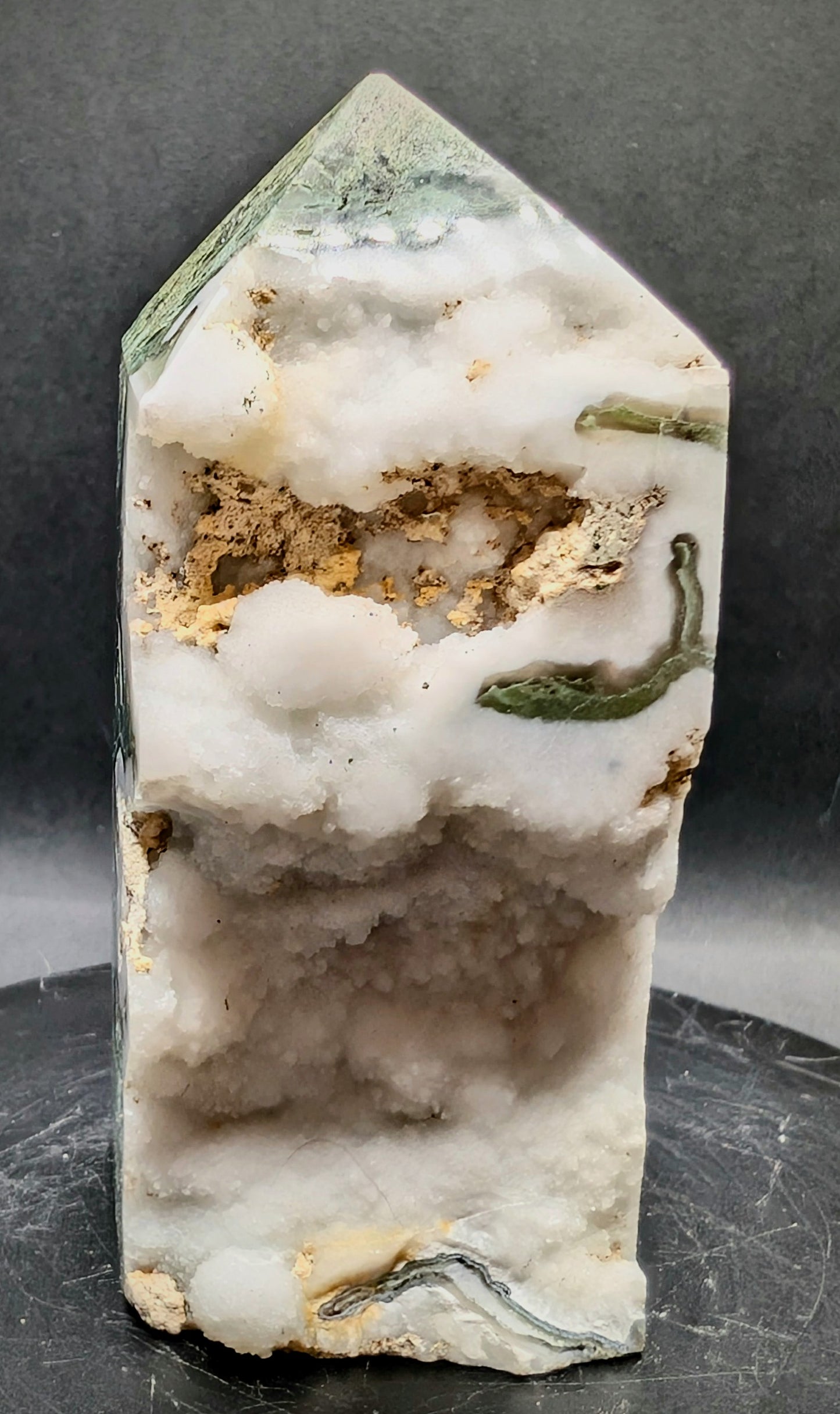 Moss Agate Druzy Tower – Green Crystal Point with Quartz Cave 207g