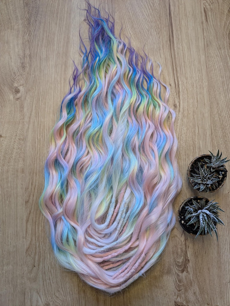 Rainbow & Pastel Pink Dreadlock Extensions – Brushable DE Synthetic Dreads 22–24”