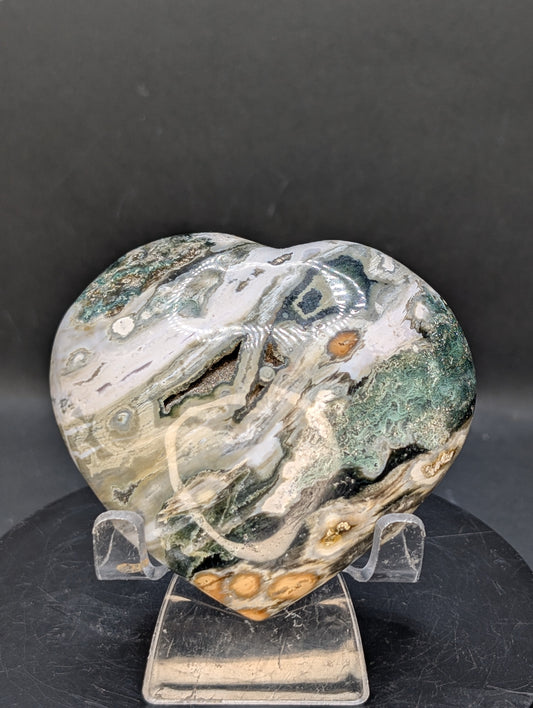 Ocean Jasper Heart with Druzy Pocket – Polished Orbicular Jasper from Madagascar – 270g