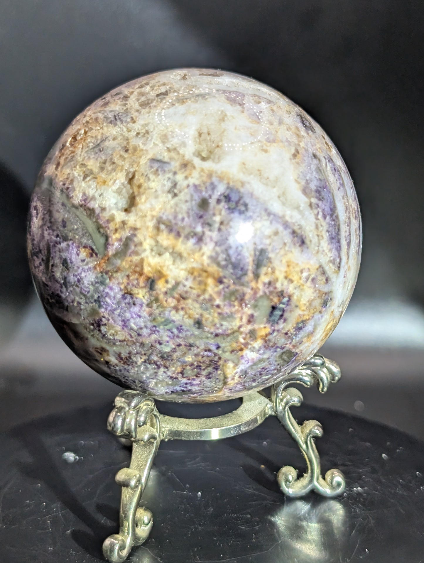 UV Reactive Fluorite in Quartz Sphere 6.3cm (381g) – Druzy Crystal Ball with Blue Glow
