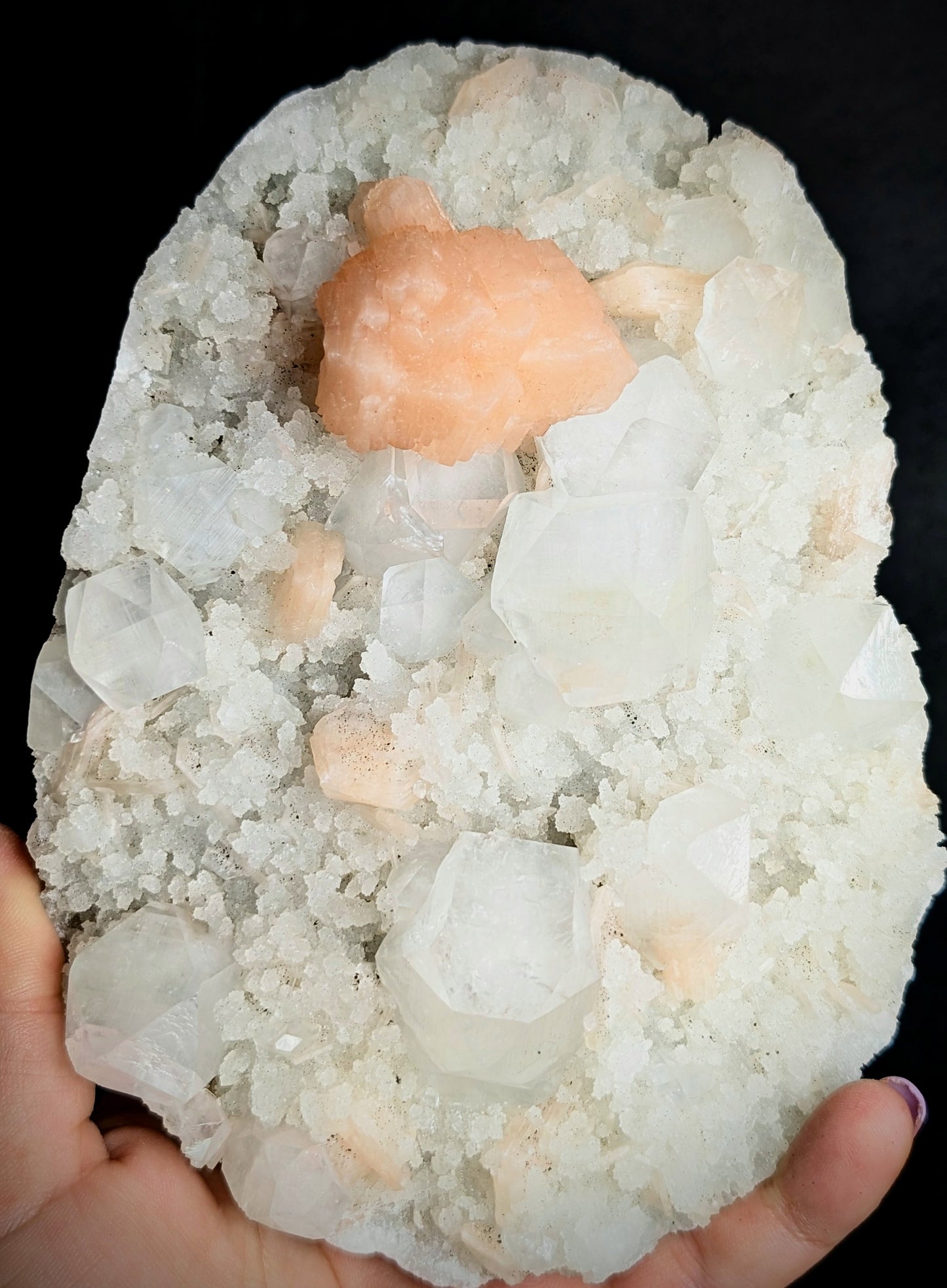 Premium Apophyllite with Peach Stilbite on Druzy Chalcedony | Maharashtra, India