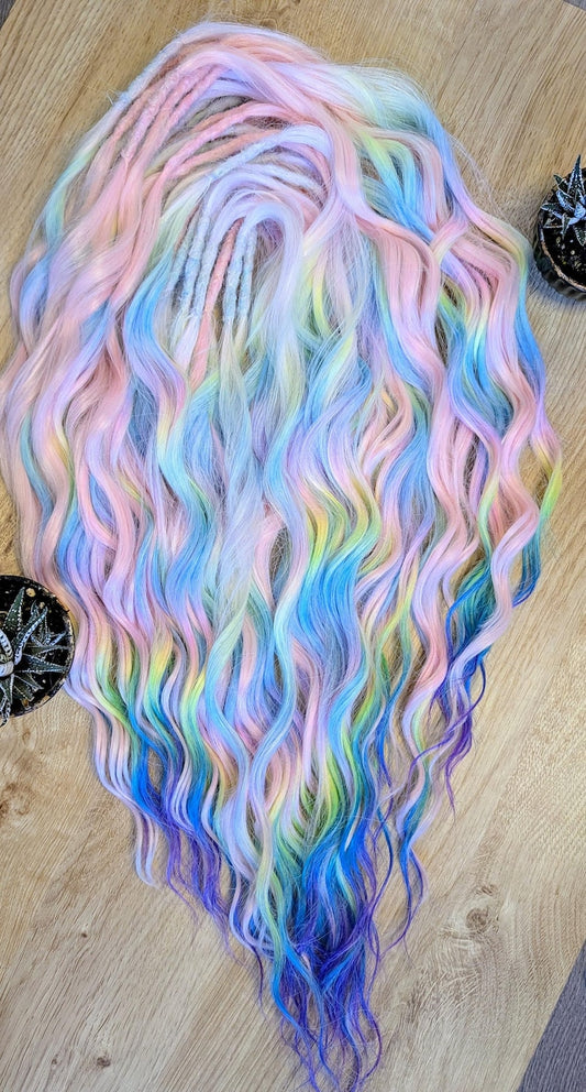 Rainbow & Pastel Pink Dreadlock Extensions – Brushable DE Synthetic Dreads 22–24”