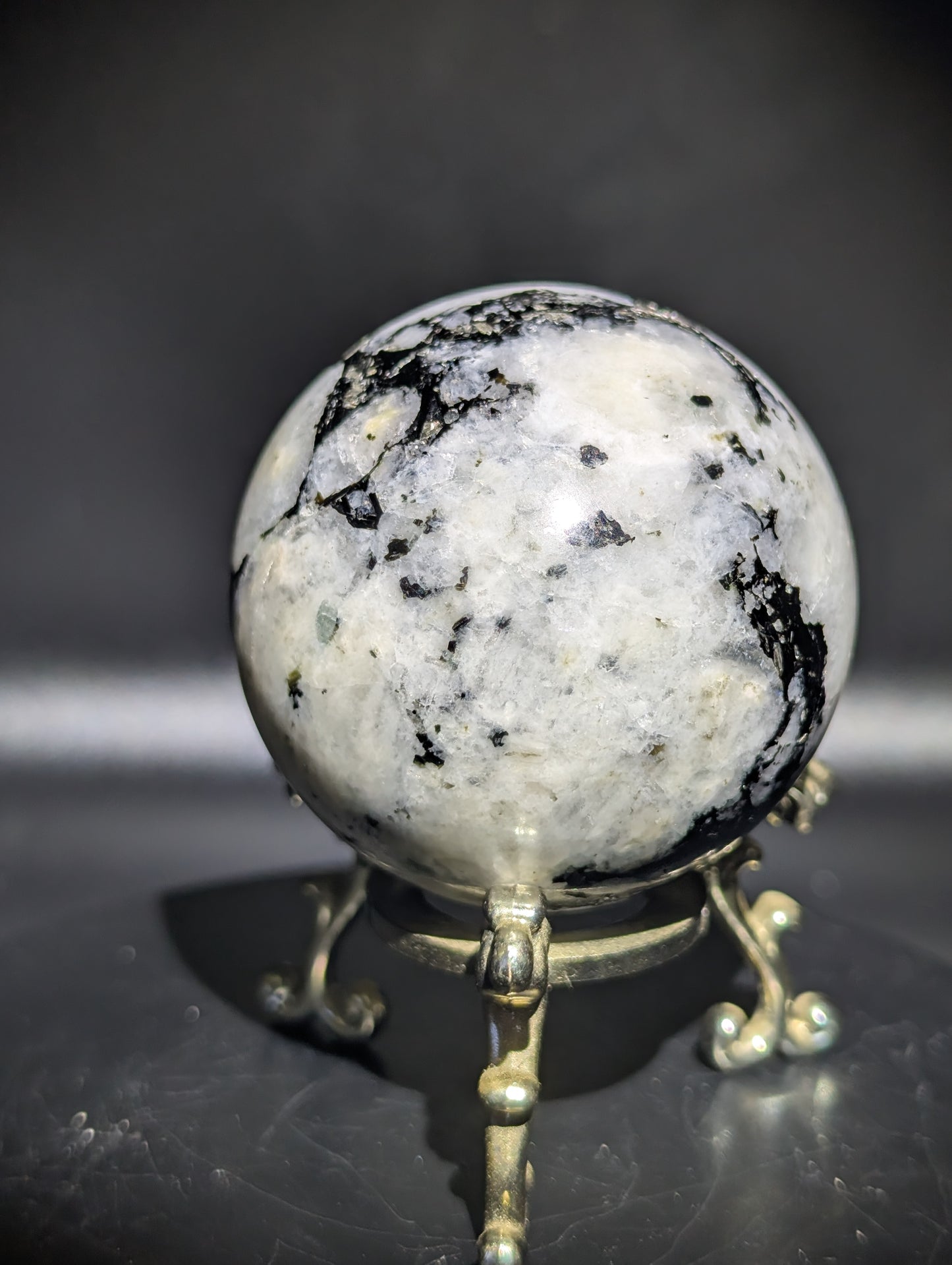 Rainbow Moonstone Sphere with Black Tourmaline (UV Reactive) – Flash Crystal Ball 197g