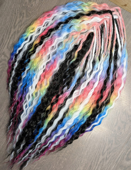 50 DE Curly Dreadlock Extensions – Black, White & Rainbow | 24” Handmade Kanekalon Set