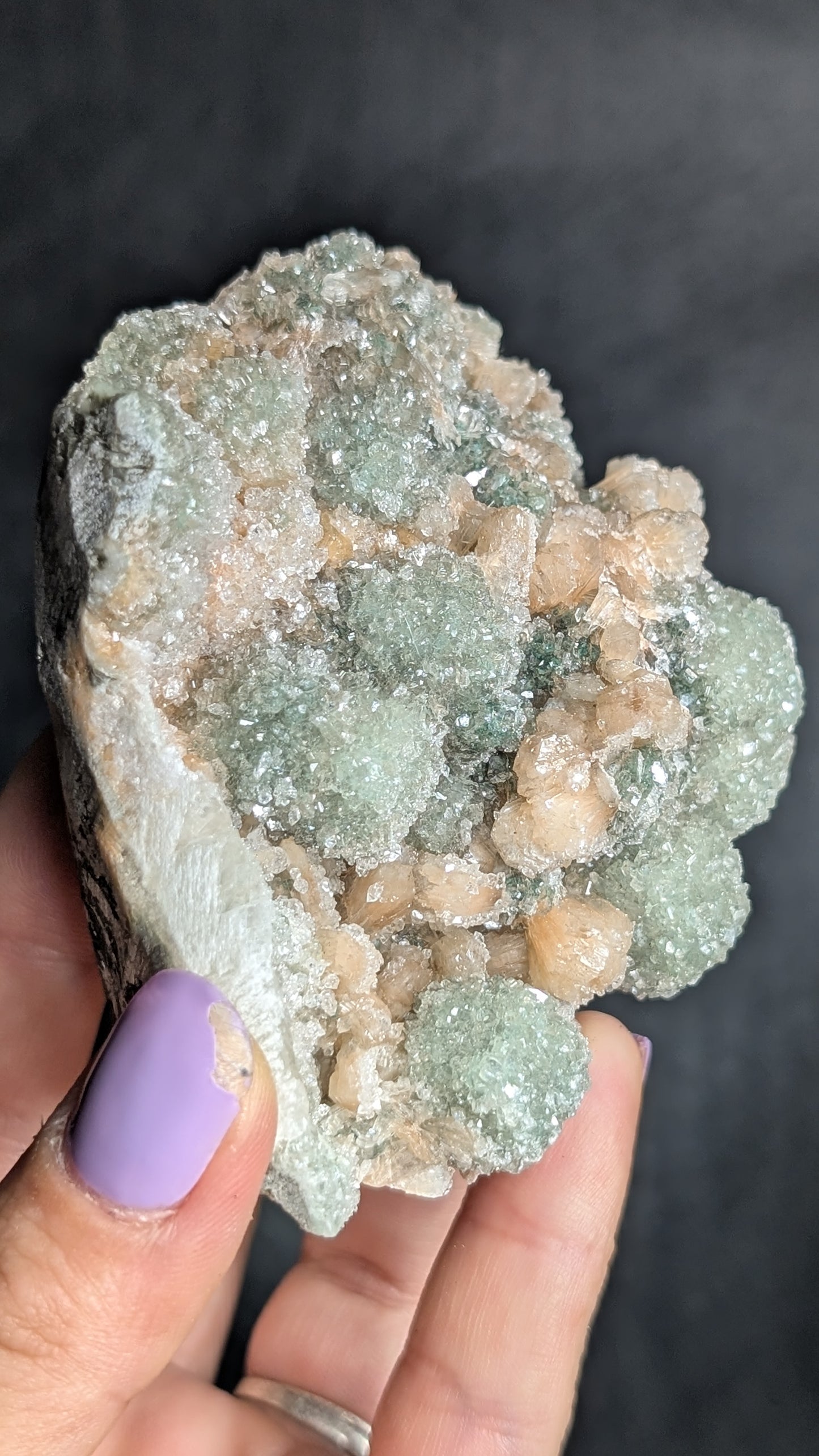Green Apophyllite, Stilbite & Druzy Quartz Cluster | Natural Indian Zeolite Mineral Specimen | 251g