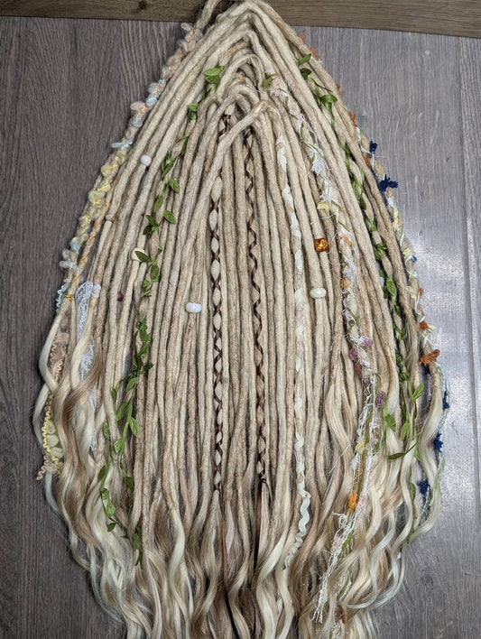 Boho Fairy Dreadlock Extensions – Blonde DE Dreads with Wraps, Beads & Wavy Ends | Cottagecore Festival Hair