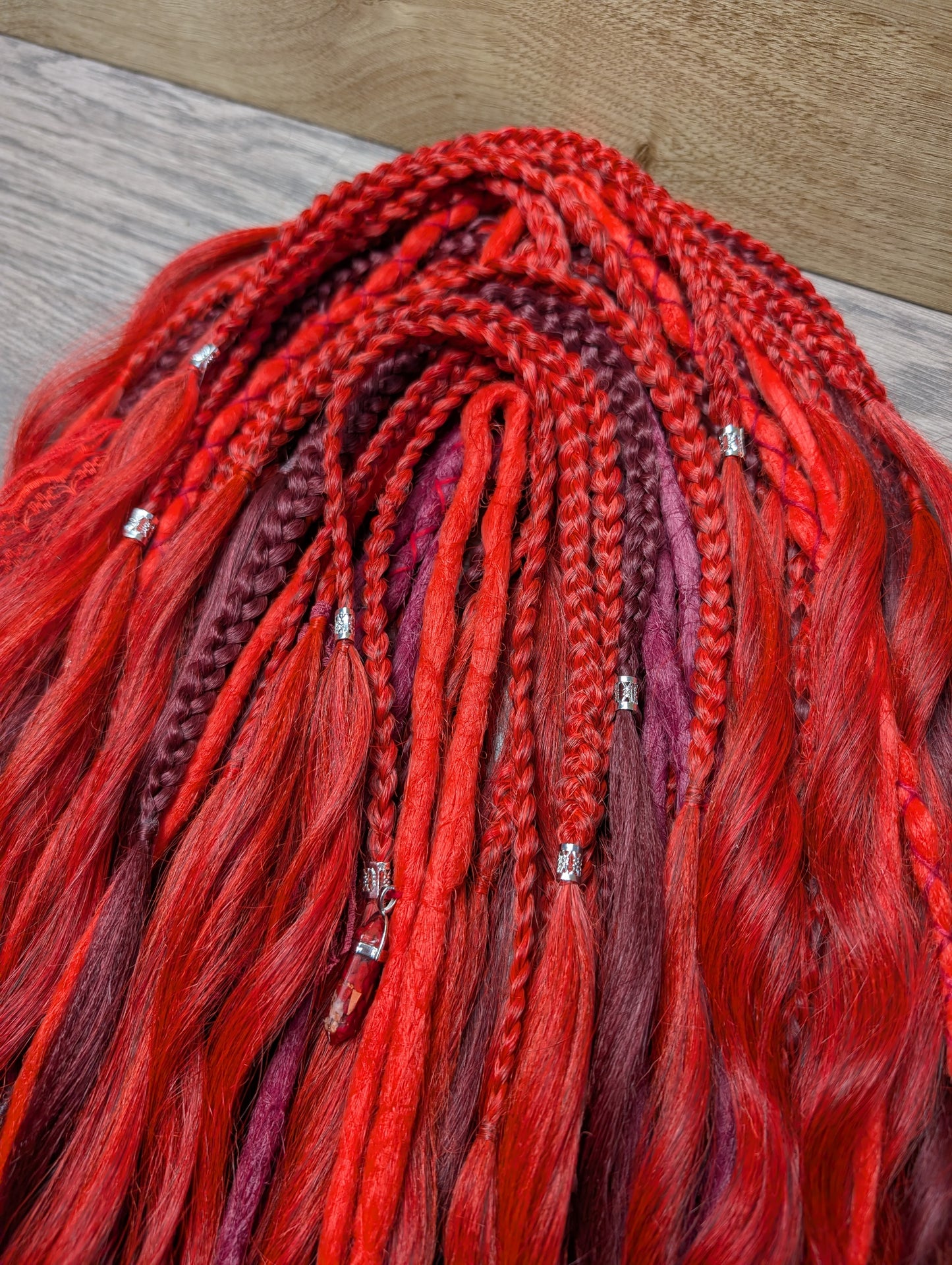 Red & Burgundy Boho Dreadlock Extensions – Mixed Texture DE Dreads