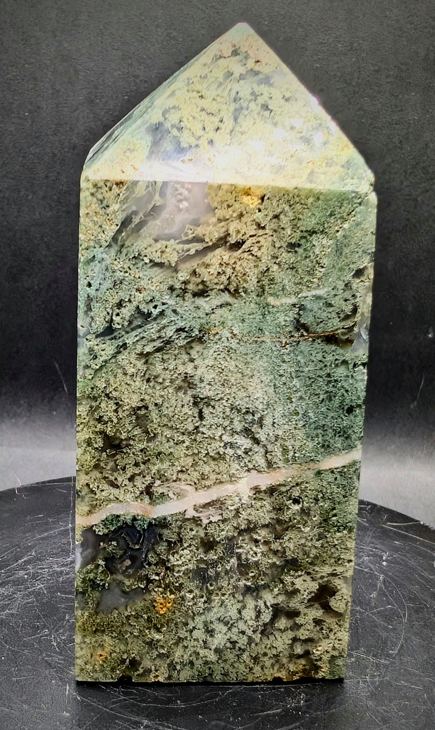 Moss Agate Druzy Tower – Green Crystal Point with Quartz Cave 207g