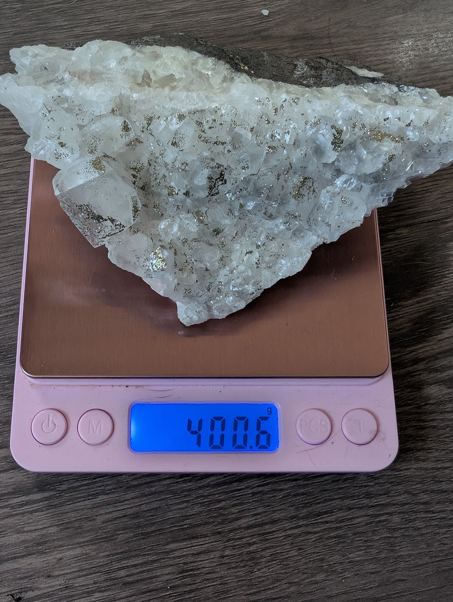 Pyrite on Calcite Cluster – UV Reactive Orange Fluorescence Crystal Specimen (400g)