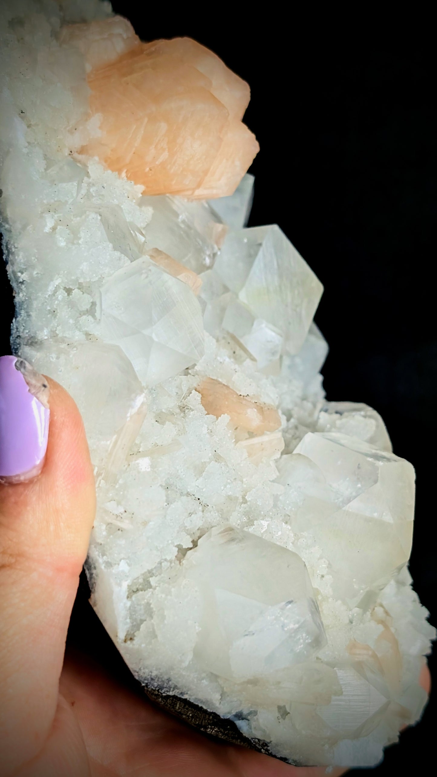 Premium Apophyllite with Peach Stilbite on Druzy Chalcedony | Maharashtra, India