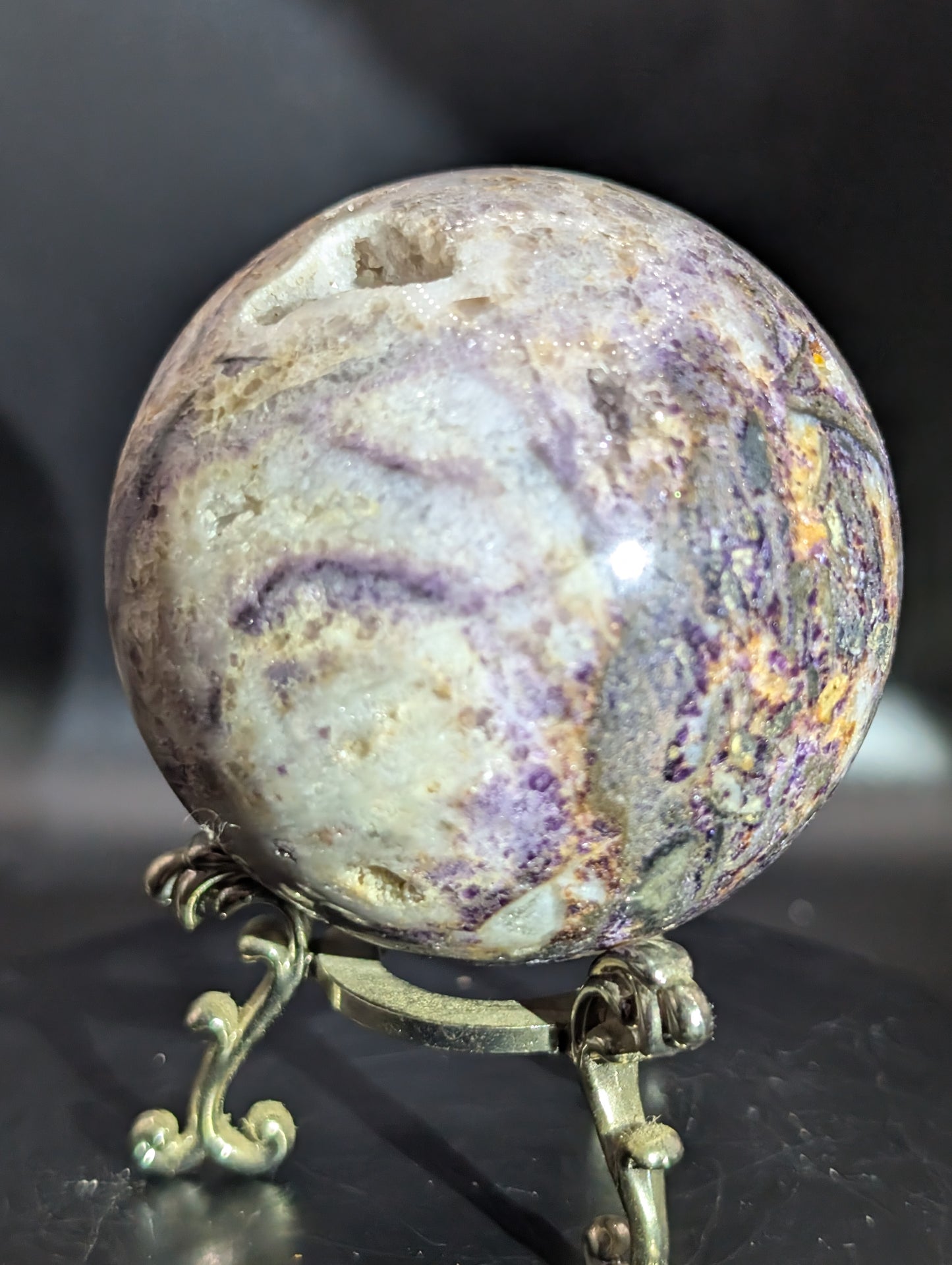UV Reactive Fluorite in Quartz Sphere 6.3cm (381g) – Druzy Crystal Ball with Blue Glow