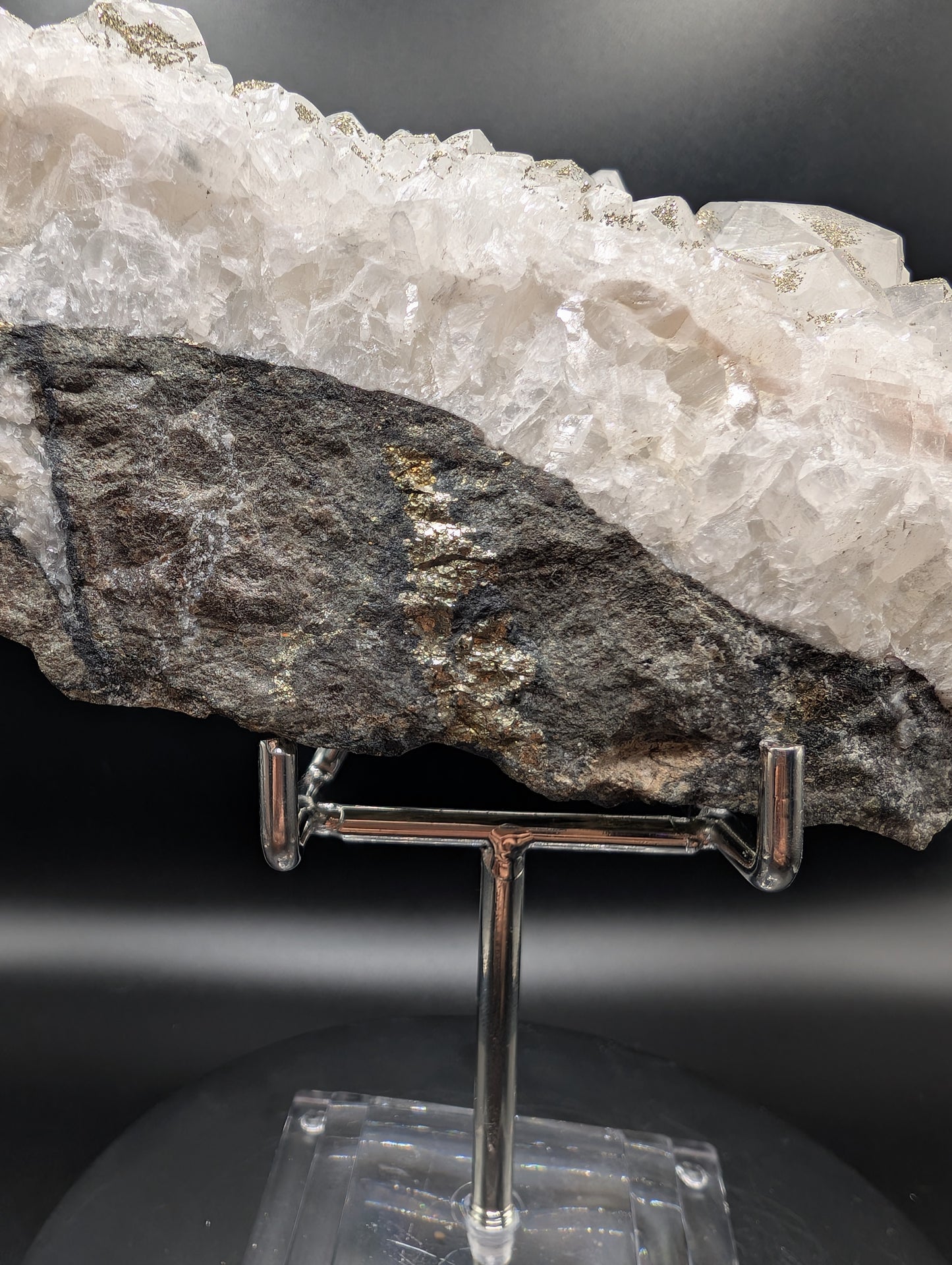 Pyrite on Calcite Cluster – UV Reactive Orange Fluorescence Crystal Specimen (400g)