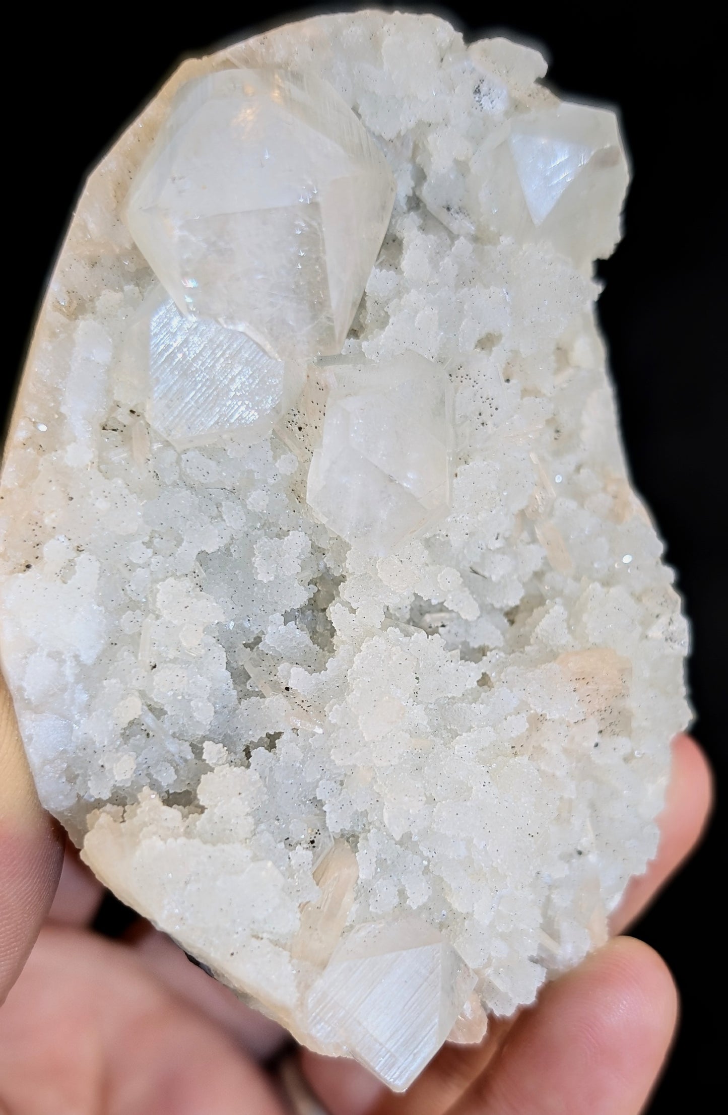White Apophyllite on Druzy Chalcedony with Stilbite | Indian Zeolite Crystal | 240g