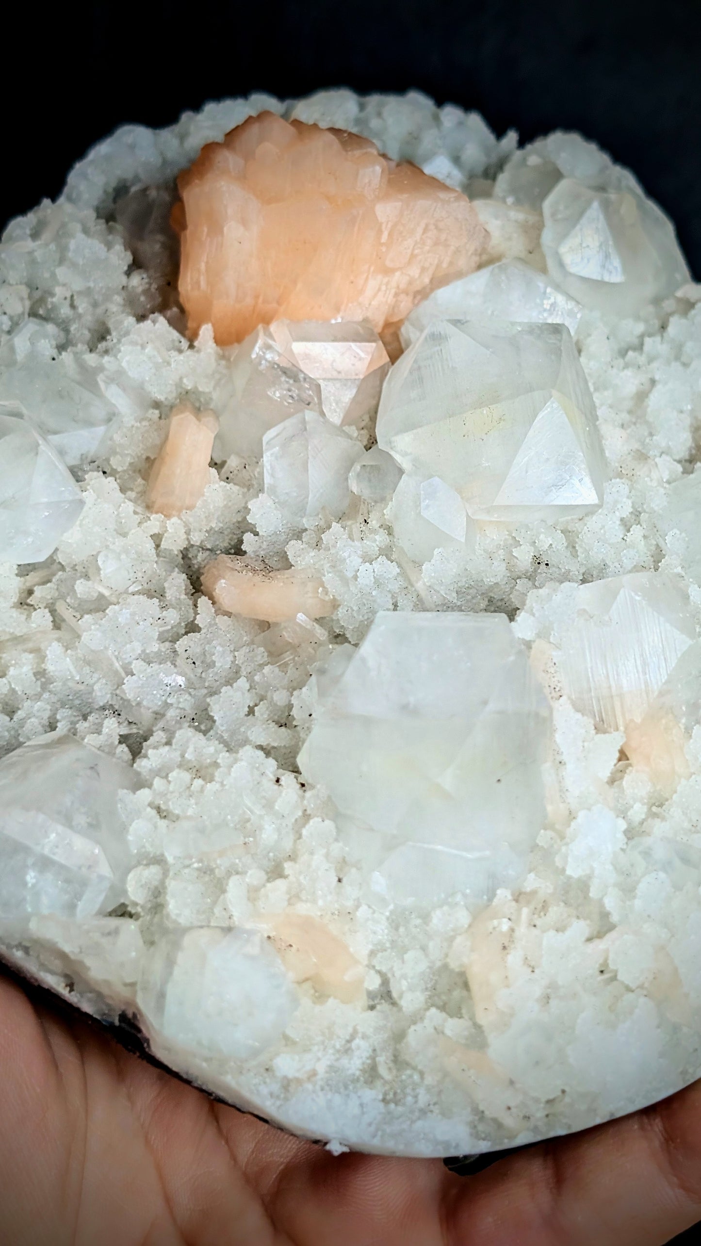 Premium Apophyllite with Peach Stilbite on Druzy Chalcedony | Maharashtra, India
