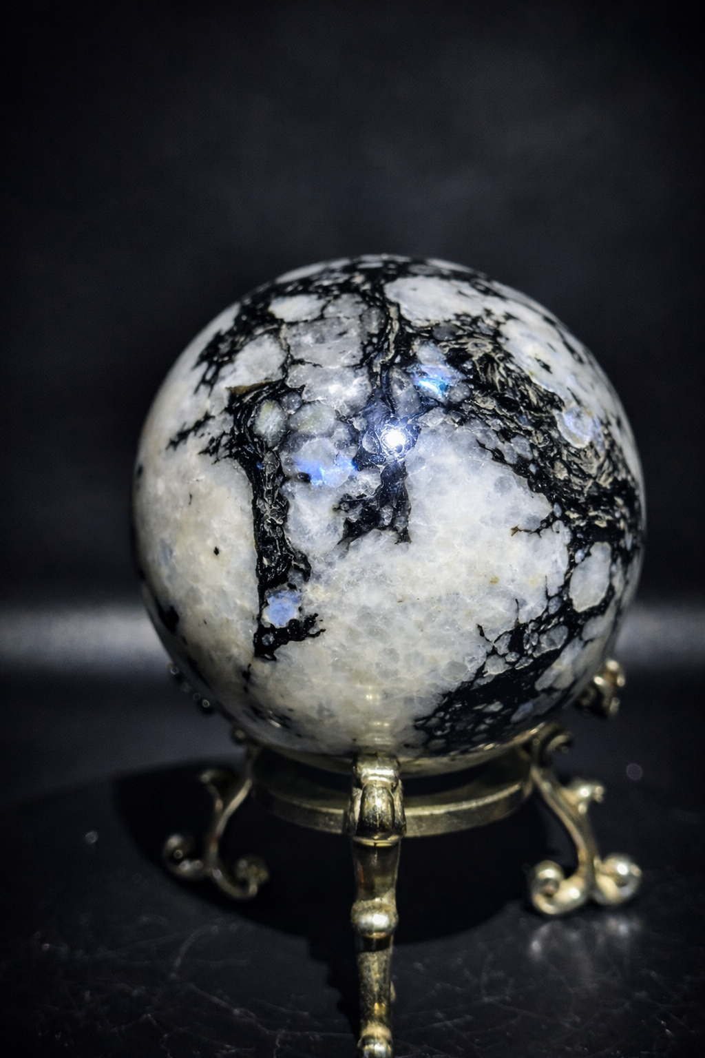 Rainbow Moonstone Sphere with Black Tourmaline (UV Reactive) – Flash Crystal Ball 197g