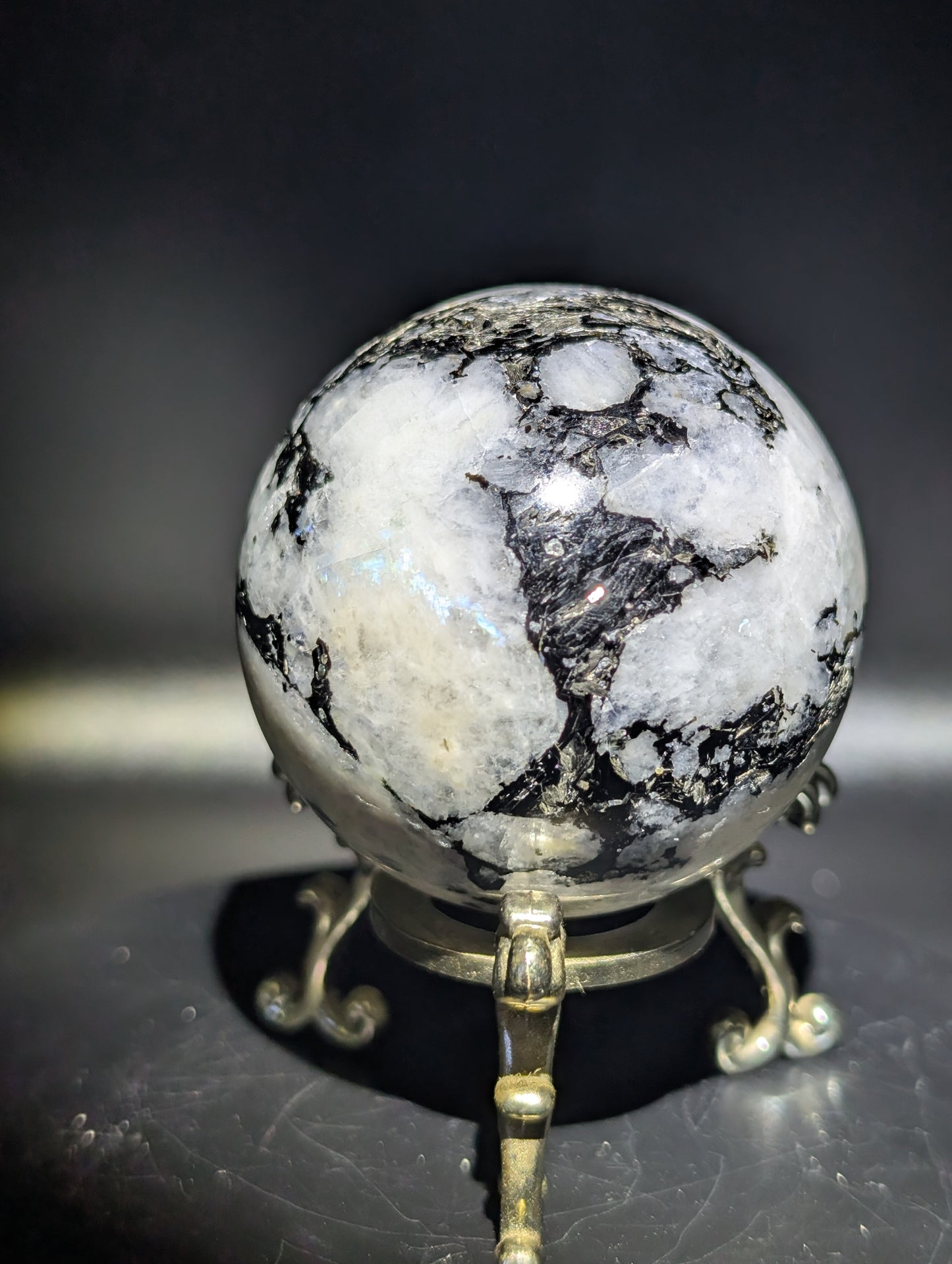 Rainbow Moonstone Sphere with Black Tourmaline (UV Reactive) – Flash Crystal Ball 197g