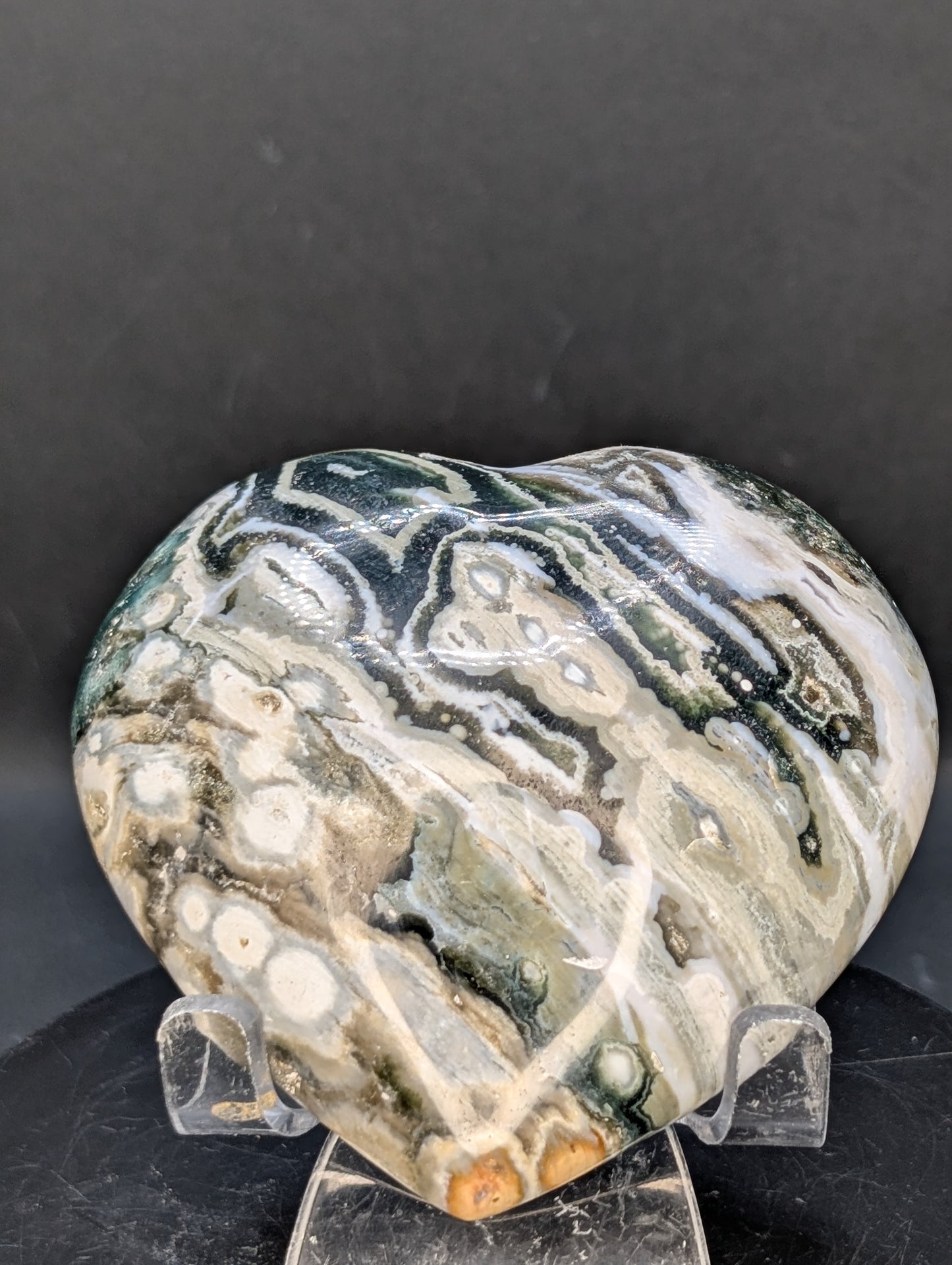 Ocean Jasper Heart with Druzy Pocket – Polished Orbicular Jasper from Madagascar – 270g