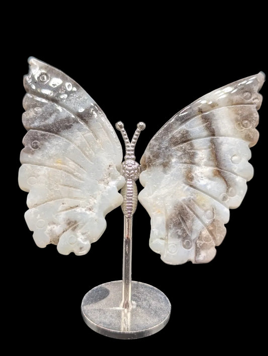 Dendritic Opal Butterfly Carving on Stand – Natural Stone Display Piece