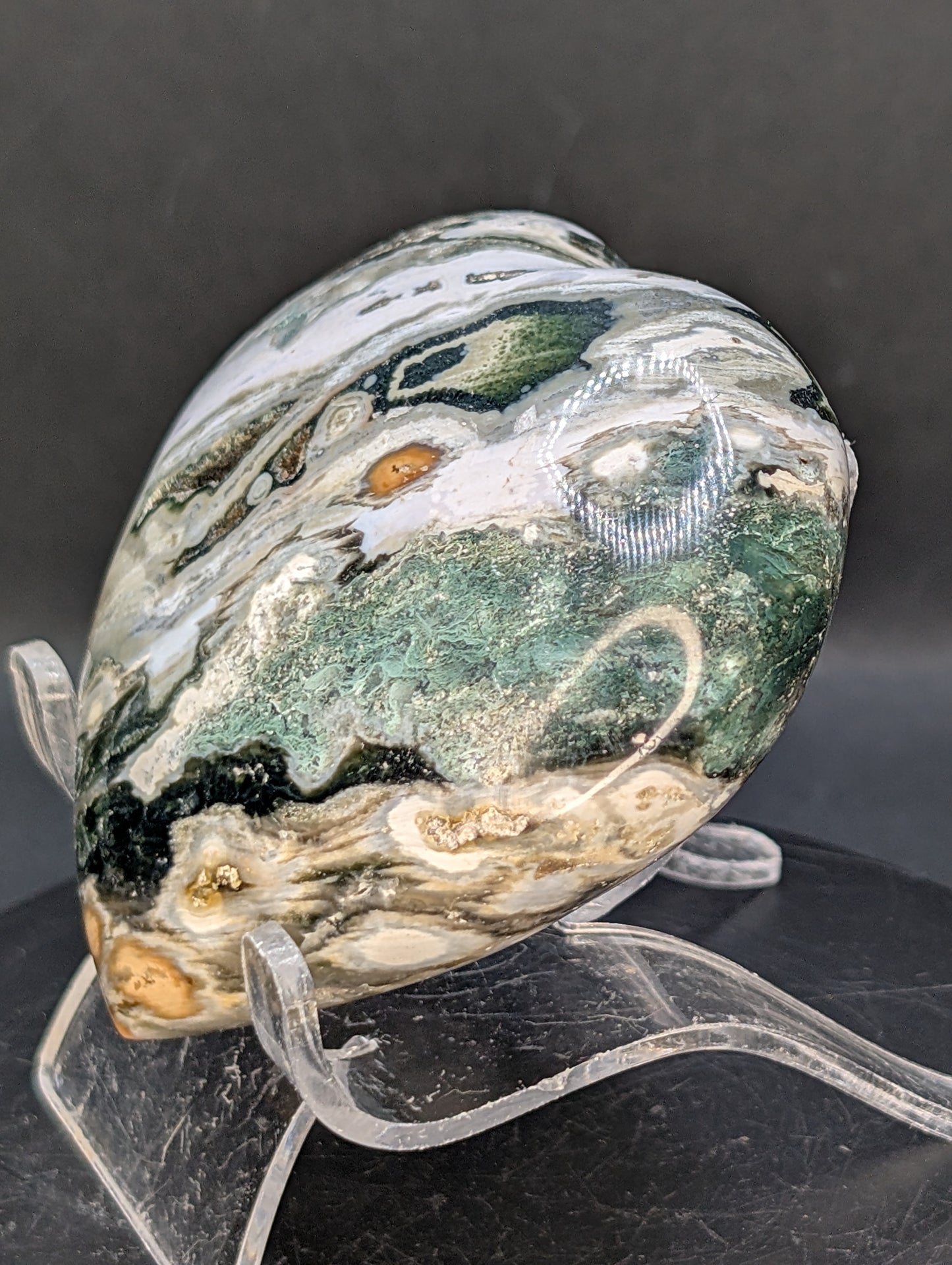 Ocean Jasper Heart with Druzy Pocket – Polished Orbicular Jasper from Madagascar – 270g