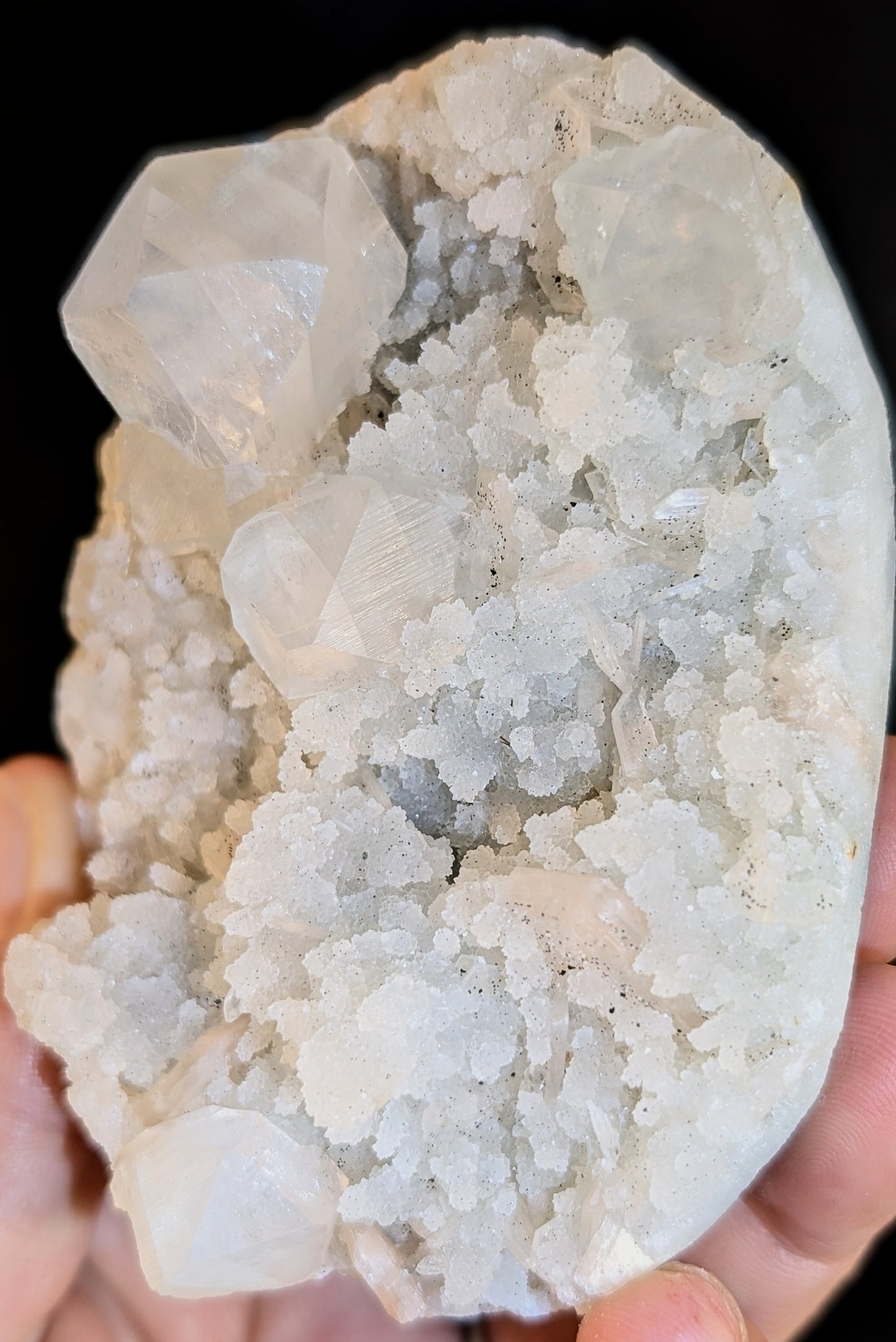 White Apophyllite on Druzy Chalcedony with Stilbite | Indian Zeolite Crystal | 240g