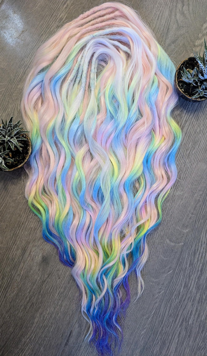 Rainbow & Pastel Pink Dreadlock Extensions – Brushable DE Synthetic Dreads 22–24”