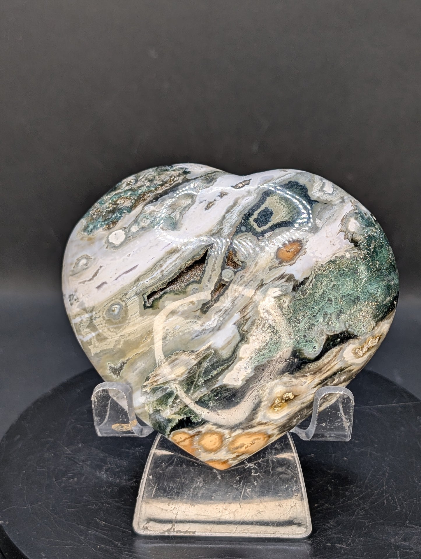 Ocean Jasper Heart with Druzy Pocket – Polished Orbicular Jasper from Madagascar – 270g