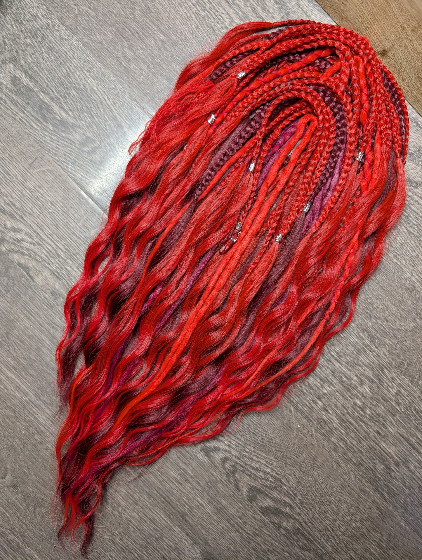 Red & Burgundy Boho Dreadlock Extensions – Mixed Texture DE Dreads