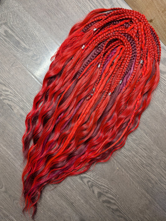 Red & Burgundy Boho Dreadlock Extensions – Mixed Texture DE Dreads