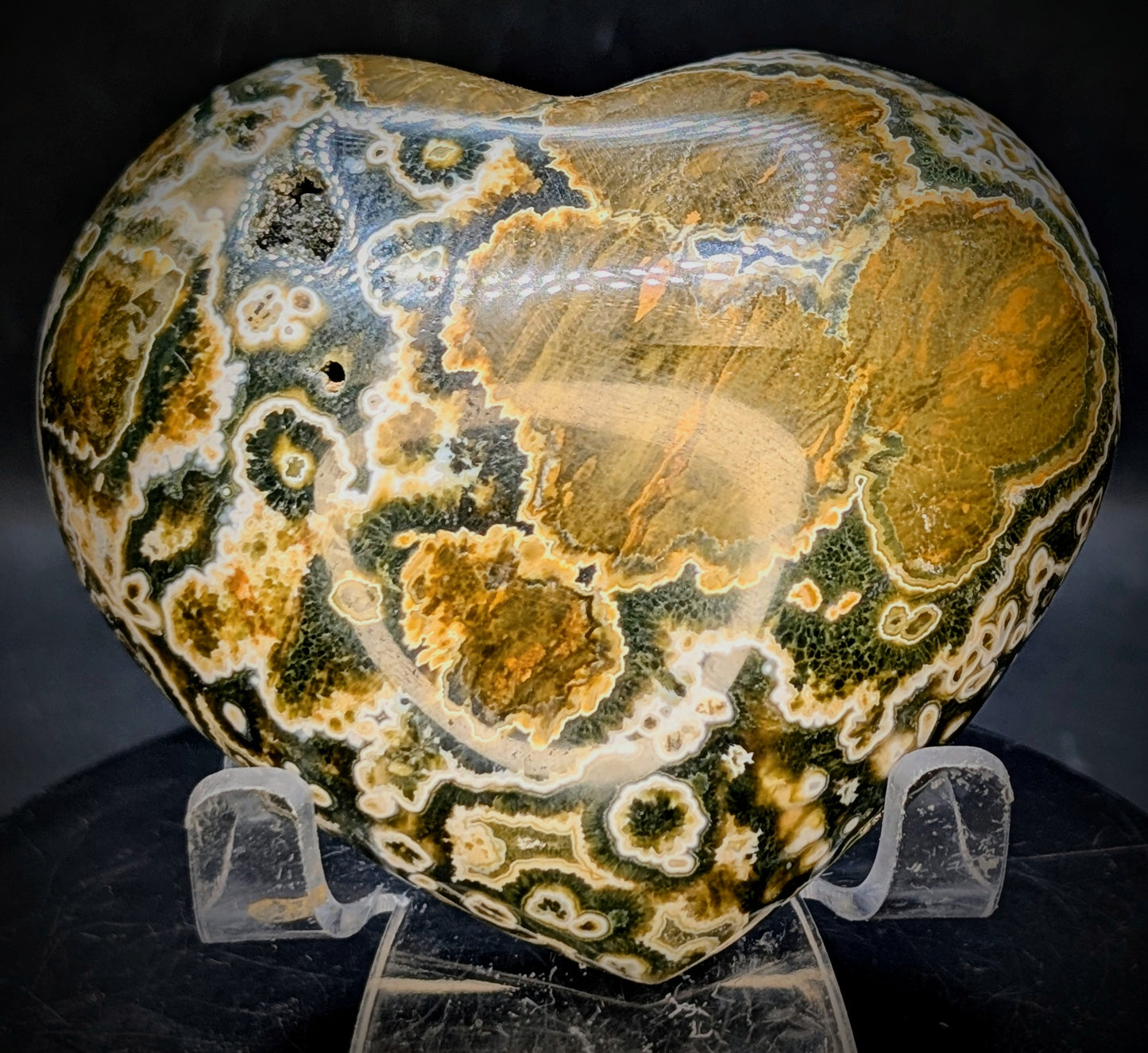 8th Vein Ocean Jasper Heart with Druzy Pocket | Polished Ocean Jasper Crystal Heart | Orbicular Jasper from Madagascar | 337g