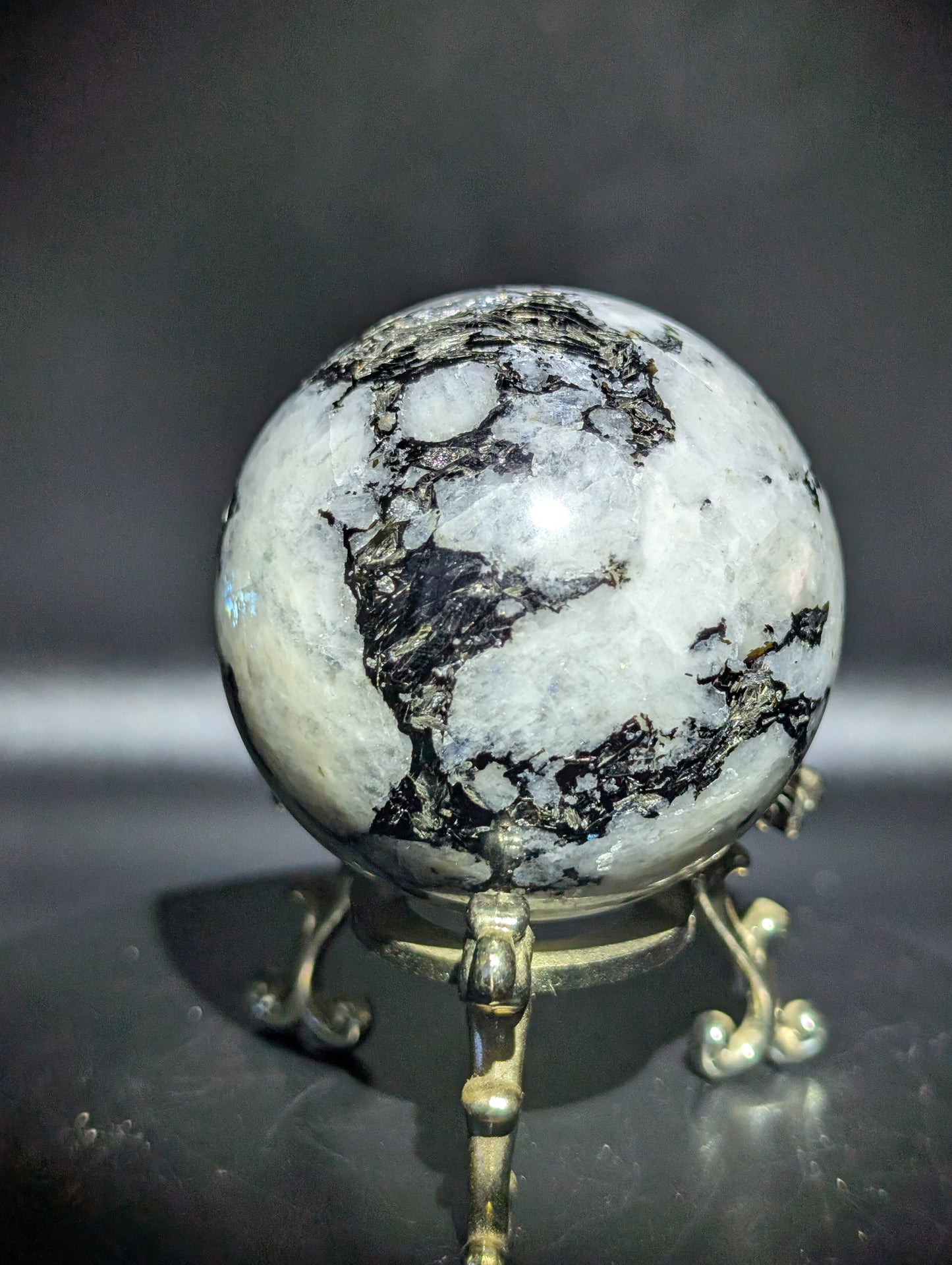 Rainbow Moonstone Sphere with Black Tourmaline (UV Reactive) – Flash Crystal Ball 197g