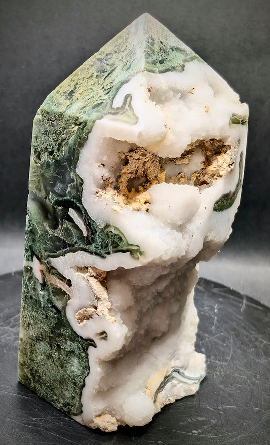 Moss Agate Druzy Tower – Green Crystal Point with Quartz Cave 207g