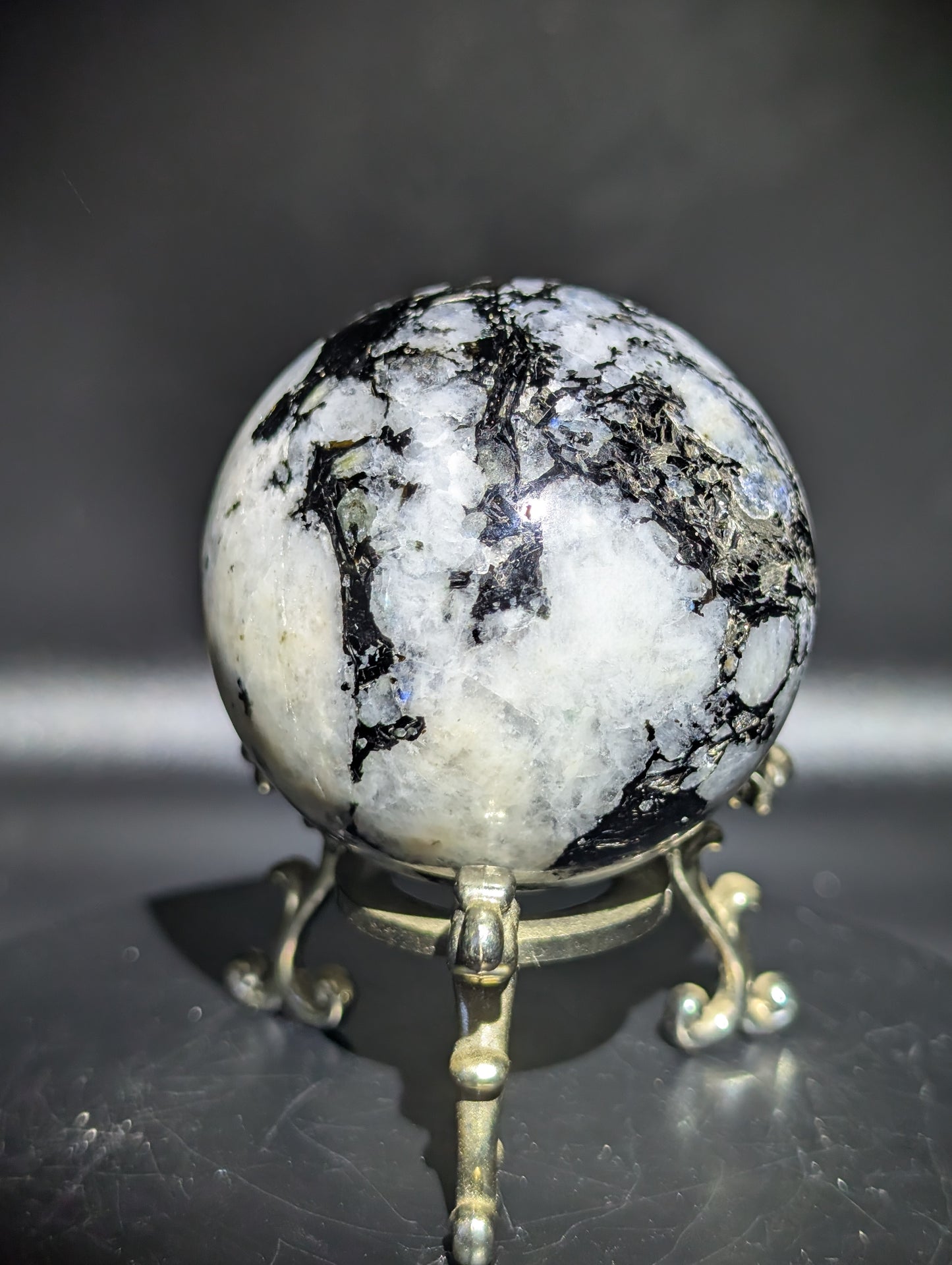 Rainbow Moonstone Sphere with Black Tourmaline (UV Reactive) – Flash Crystal Ball 197g