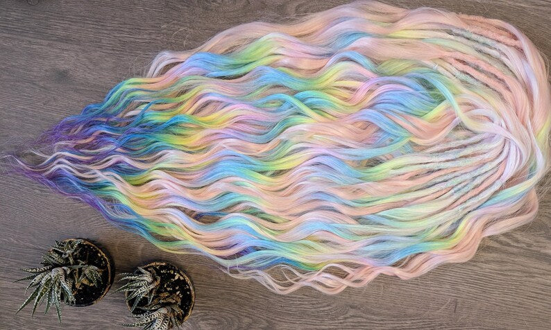 Rainbow & Pastel Pink Dreadlock Extensions – Brushable DE Synthetic Dreads 22–24”