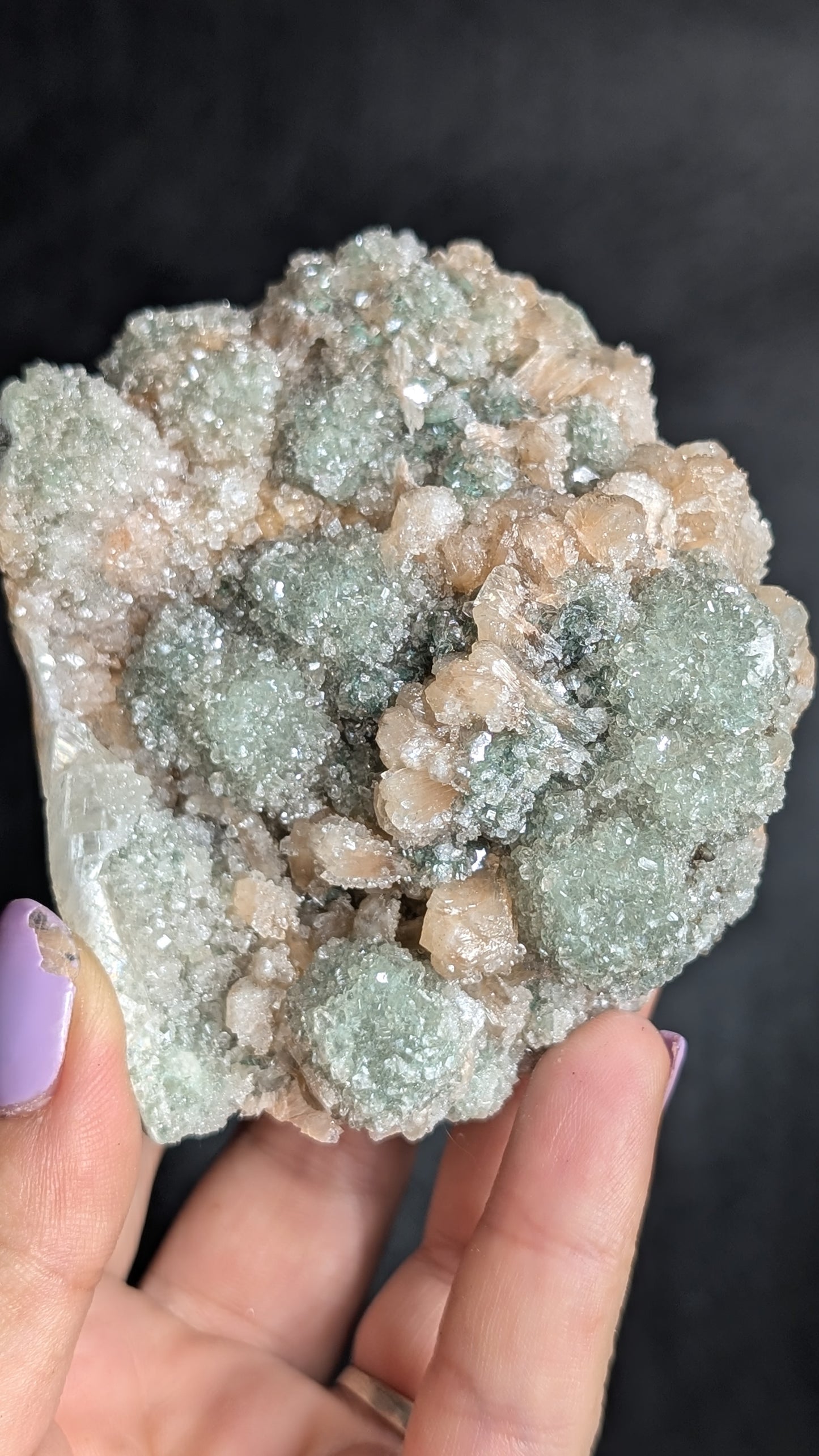 Green Apophyllite, Stilbite & Druzy Quartz Cluster | Natural Indian Zeolite Mineral Specimen | 251g