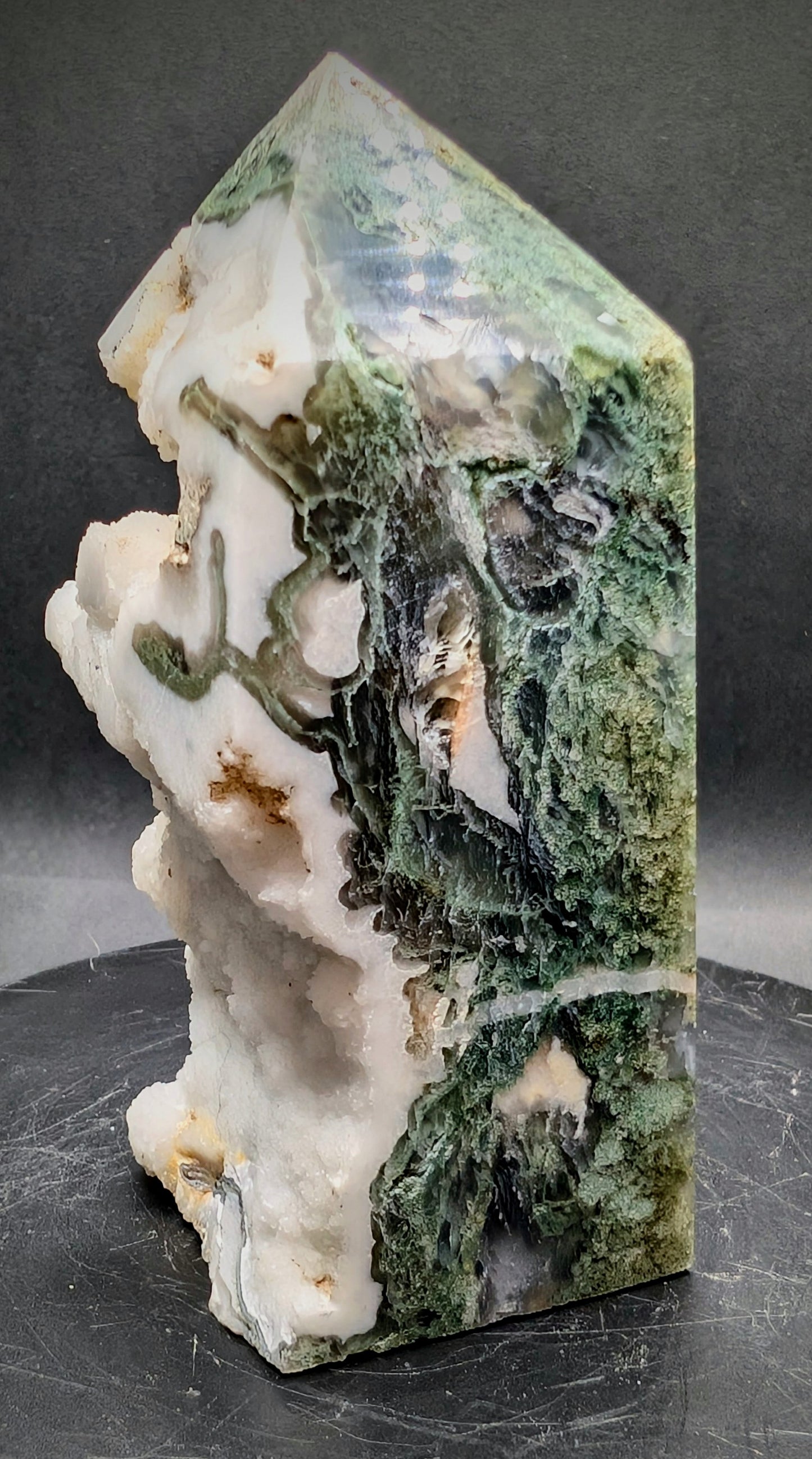Moss Agate Druzy Tower – Green Crystal Point with Quartz Cave 207g