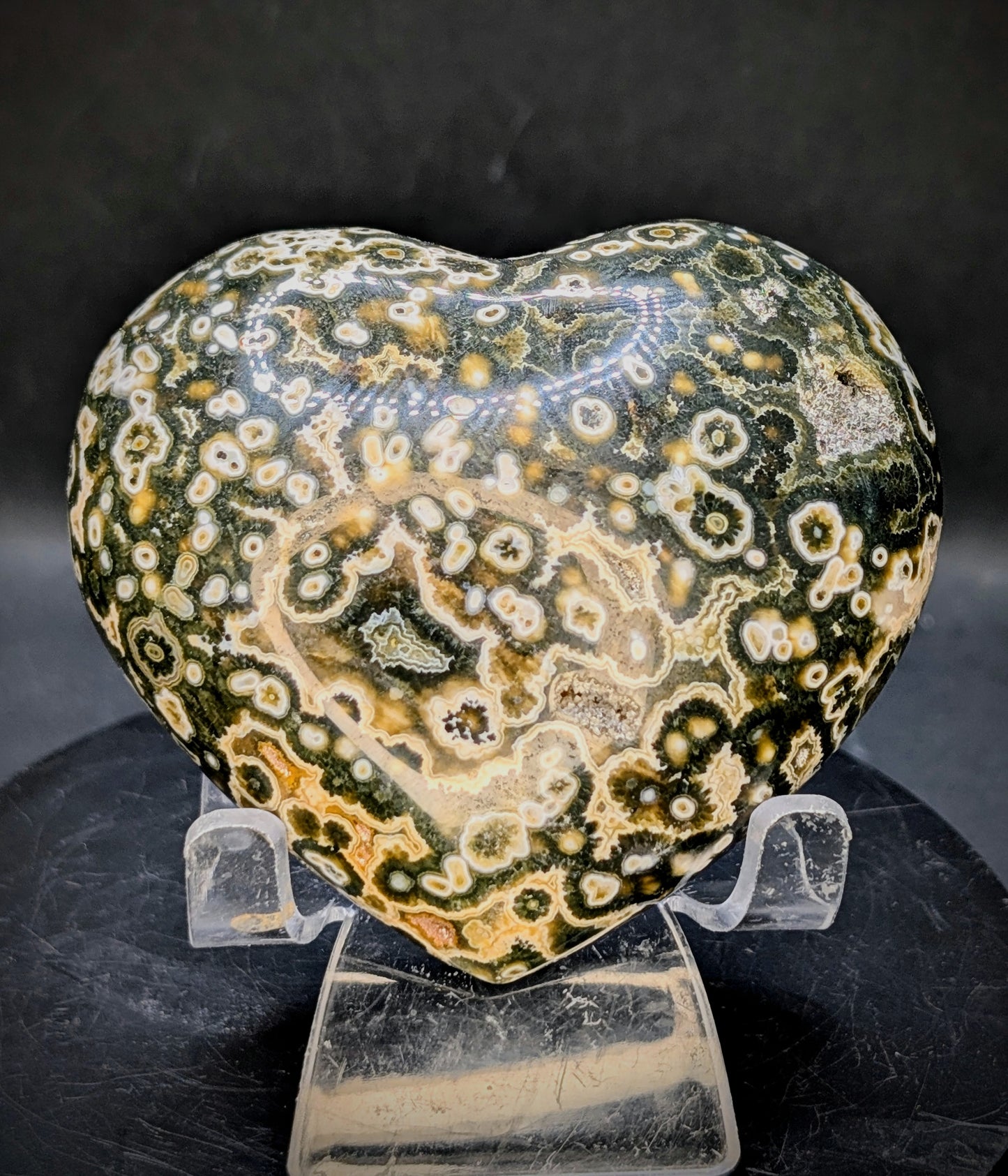 8th Vein Ocean Jasper Heart with Druzy Pocket | Polished Ocean Jasper Crystal Heart | Orbicular Jasper from Madagascar | 337g