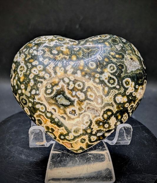 8th Vein Ocean Jasper Heart with Druzy Pocket | Polished Ocean Jasper Crystal Heart | Orbicular Jasper from Madagascar | 337g