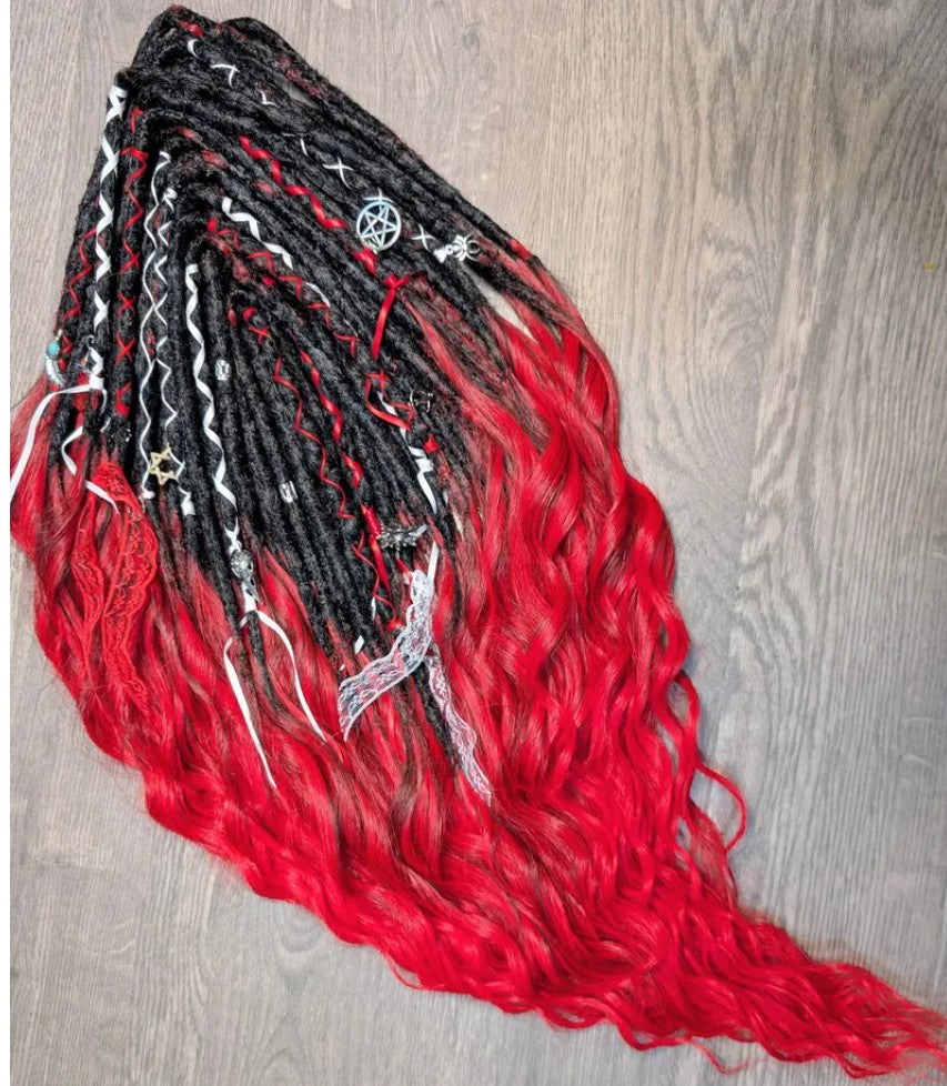 Gothic Black & Red Dreadlock Extensions – Curly Ombre Synthetic DE Dreads with Charms | Boho Festival Hair 22–24”